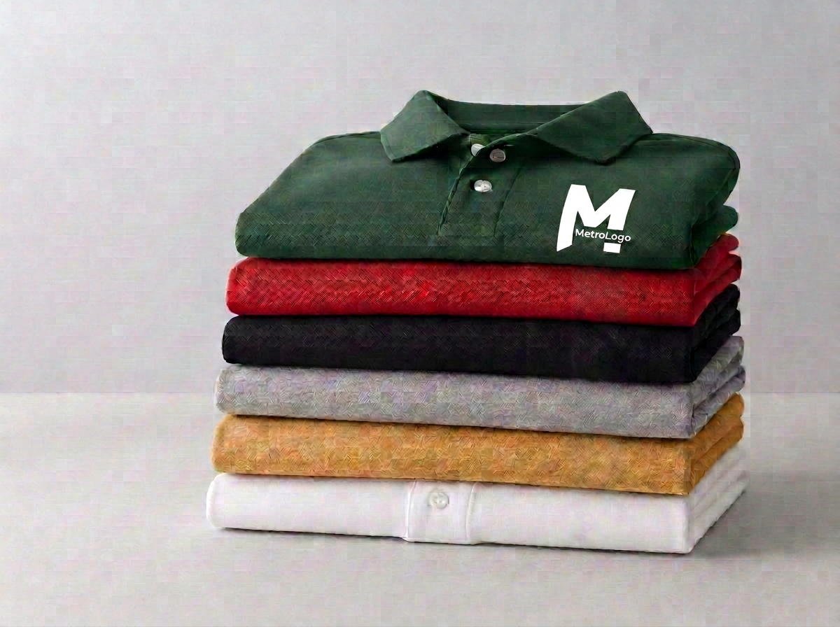 Apparel category — folded branded t-shirts / polos