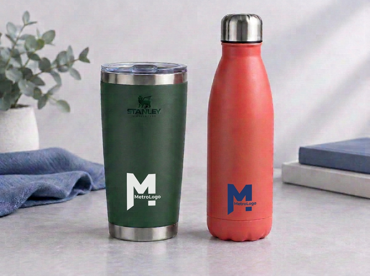 Drinkware category — branded tumbler and water bottle